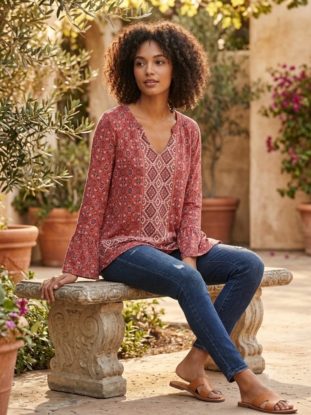 Lucky Brand Rust Red Printed V-Neck Long Sleeve Top Cotton Stretchy Comfy